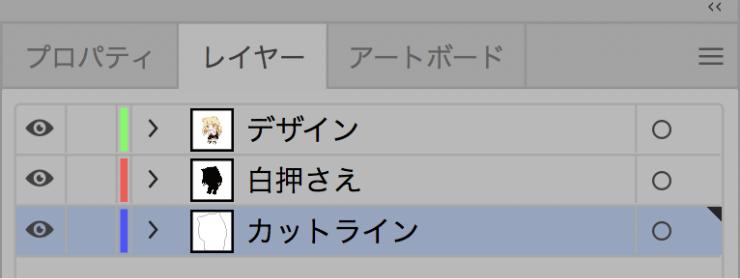 印刷されるデータです。イラスト周りに余白がある場合はクリッピングマスクを行なって下さい。白押さえ用の黒ベタデータ。黒ベタがない場合は透けて仕上がります。イラストを切り抜く形状のラインです。